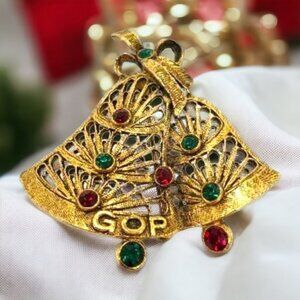 Rare! Vtg GOP Christmas Brooch Signed Friedes Gold Tone Bells Red Green Filagree
